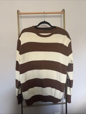 Brandy Melville Brown and Cream Striped Crewneck Sweater